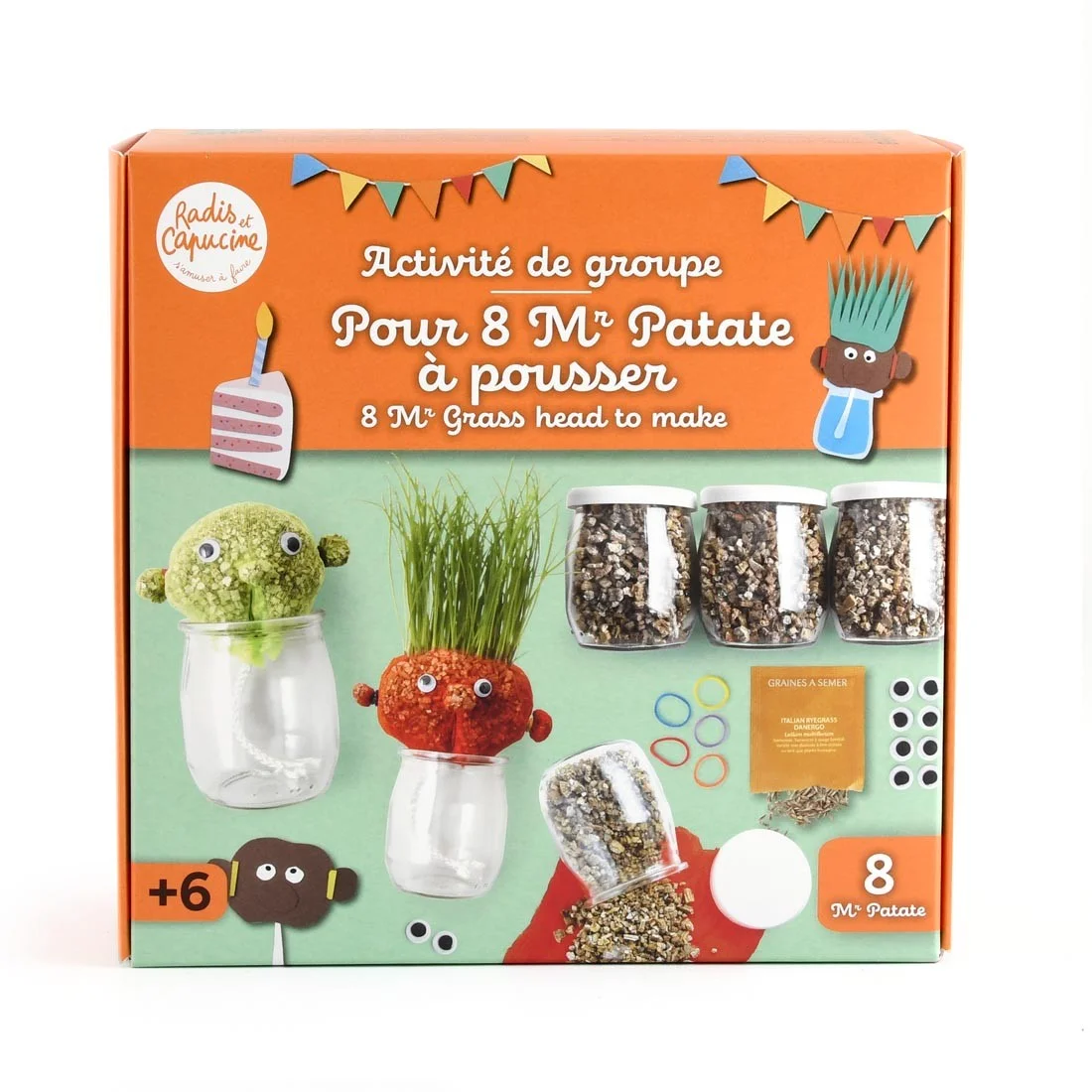 Kit créatif en groupe 8 têtes à pousser Mr Patate - Radis et Capucine