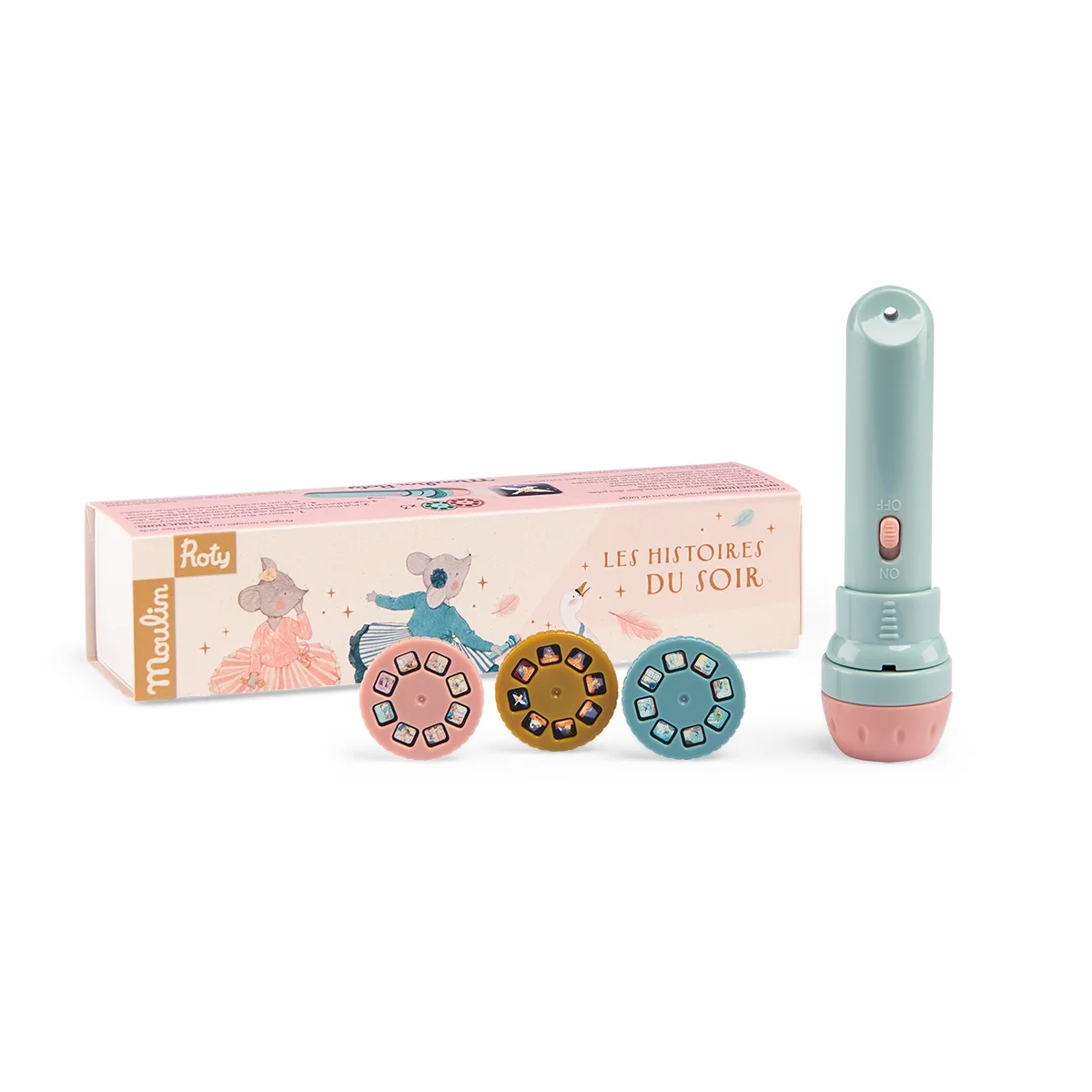 Lampe à histoires pastel avec trois disques colorés et boîte illustrée Moulin Roty