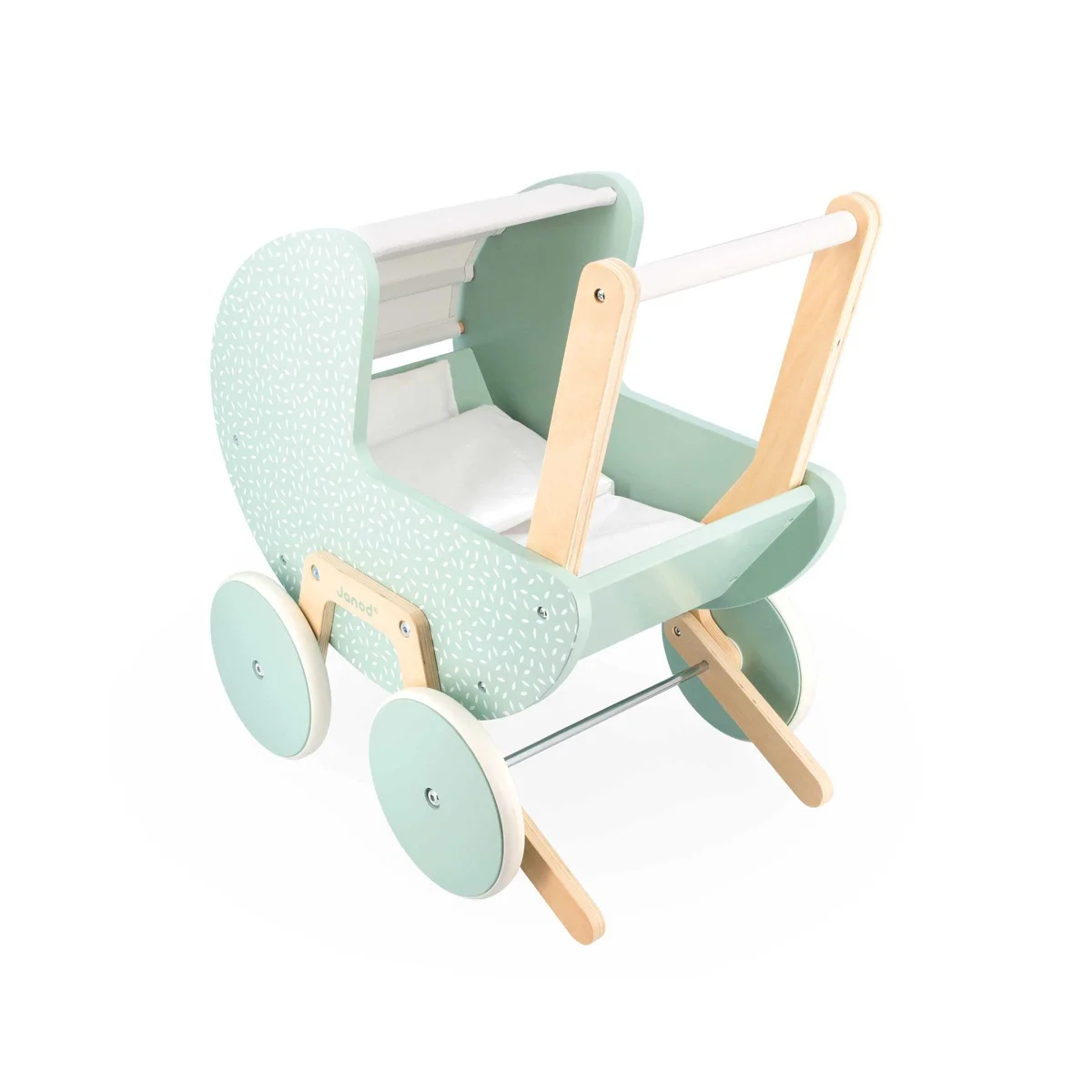 Landau Zen Janod en bois vert menthe et bois naturel avec roues rondes.