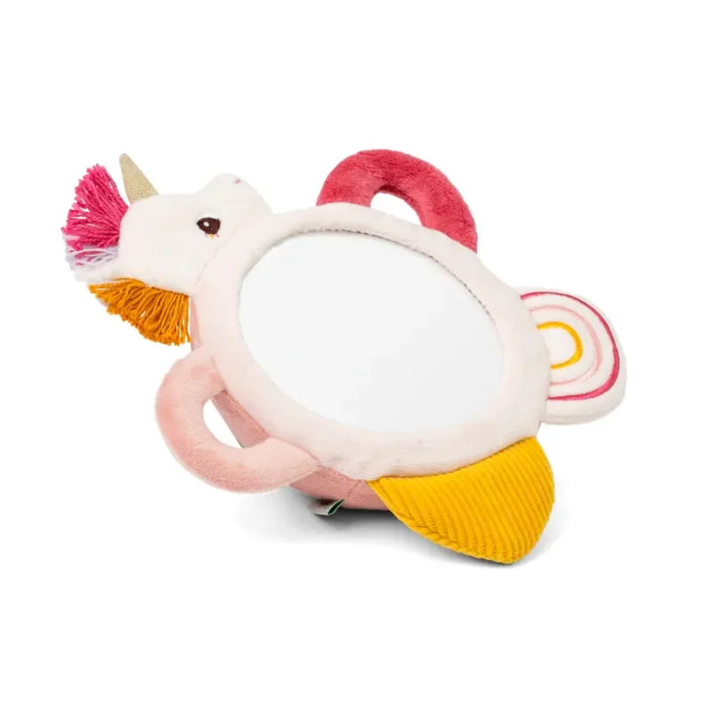 Miroir Lena Lilliputiens forme licorne tissu doux multicolore rose et jaune