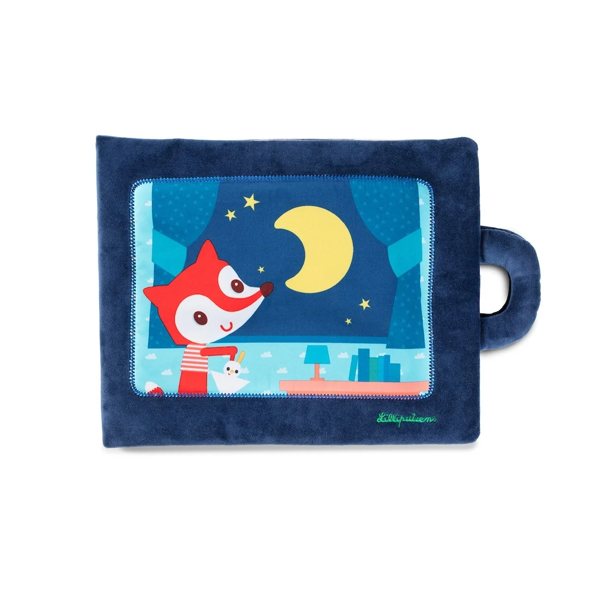 Livre d'activités tissu bleu marine Bonsoir petit renard avec fenêtre lune jaune étoiles