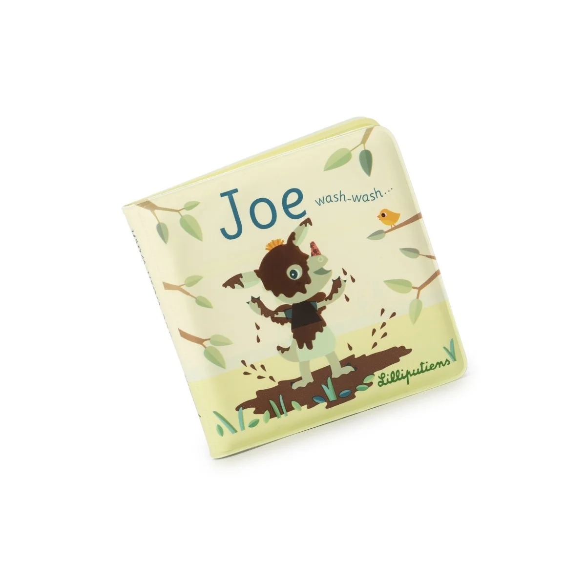 Livre de bain magique Wash Wash Joe, couverture beige avec dessin animal tacheté et oiseau jaune.