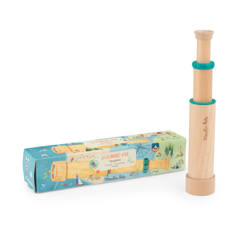 Longue-vue en bois clair avec détails bleus, packaging illustré Moulin Roty