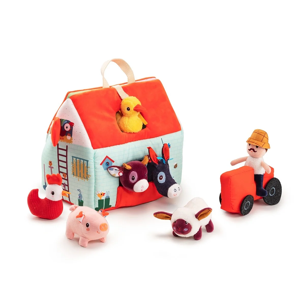 Ferme en tissu colorée avec animaux et fermier sur tracteur rouge, Ma première ferme Lilliputiens.