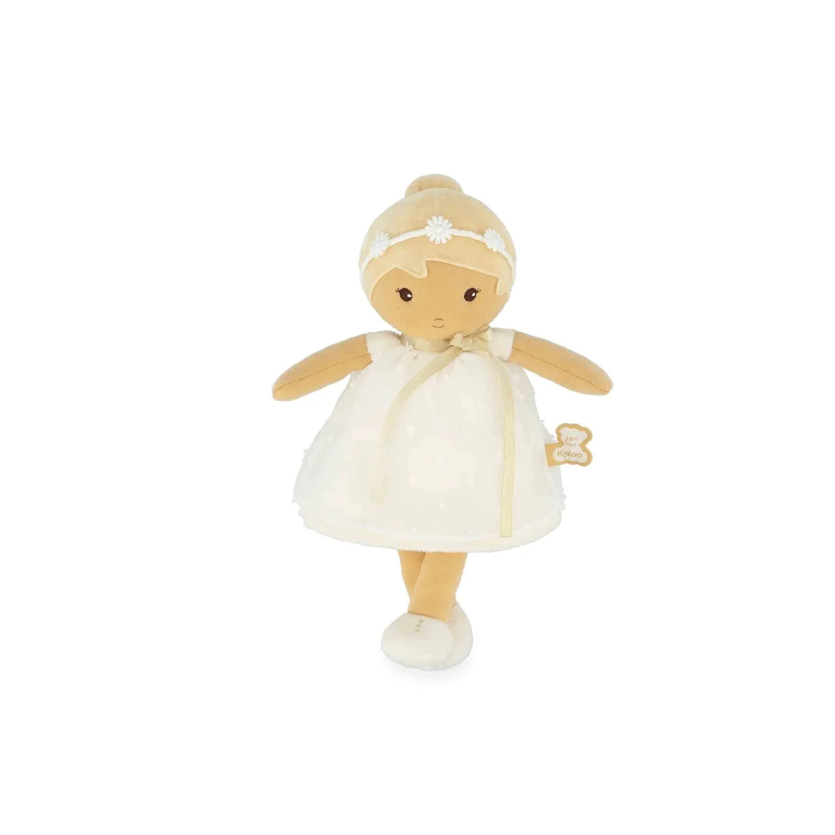 Poupée en tissu Kaloo Daphné 25 cm, robe blanche, serre-tête avec fleur, visage brodé