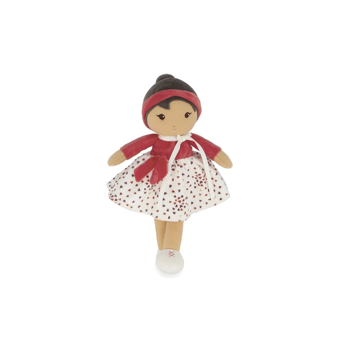 Poupée Emilie en tissu, robe blanche à motifs rouges, gilet rouge, cheveux noirs, 25 cm