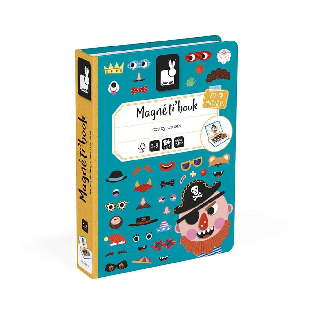 Jeu Magnéti'book Crazy Faces garçon Janod, couverture bleue, magnets visages et accessoires colorés