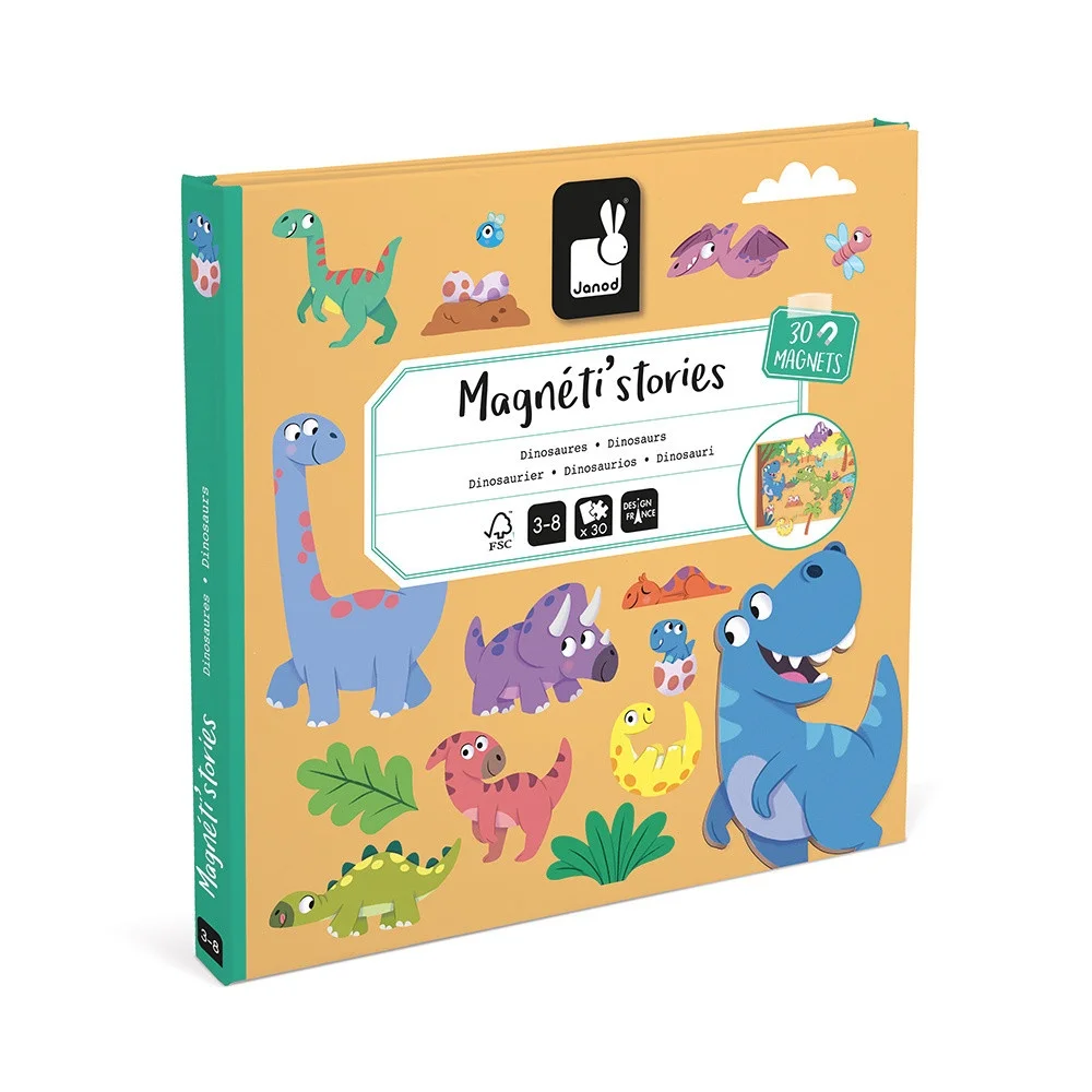 Boîte jaune Magnéti'stories les Dinosaures Janod avec dinosaures colorés dessinés