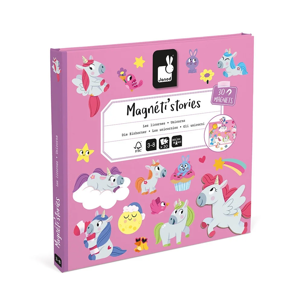 Boîte rose Magnéti'stories Les Licornes Janod avec dessins licornes colorées et aimants