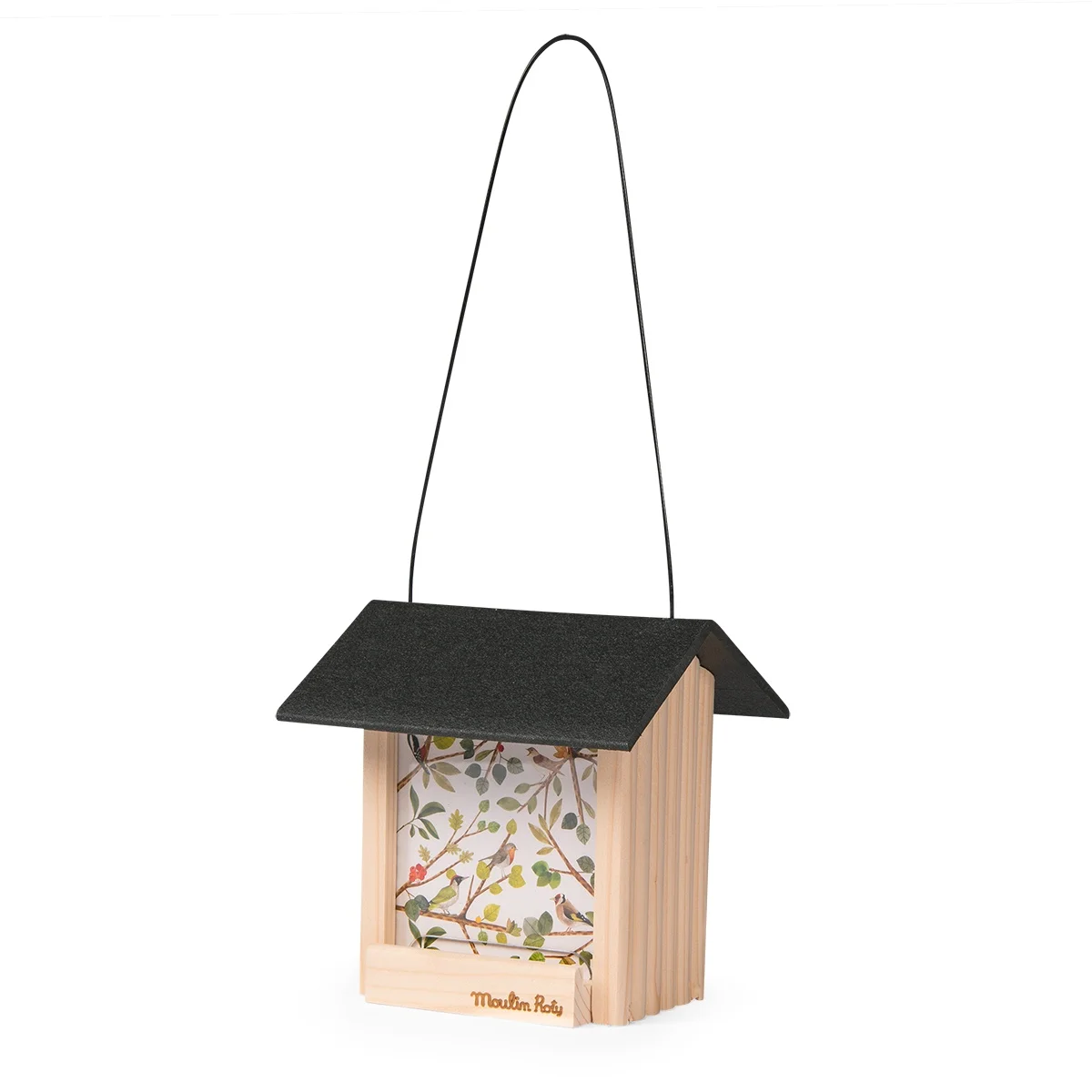 Mangeoire à oiseaux en bois clair avec toit noir et motif nature Le jardin du moulin