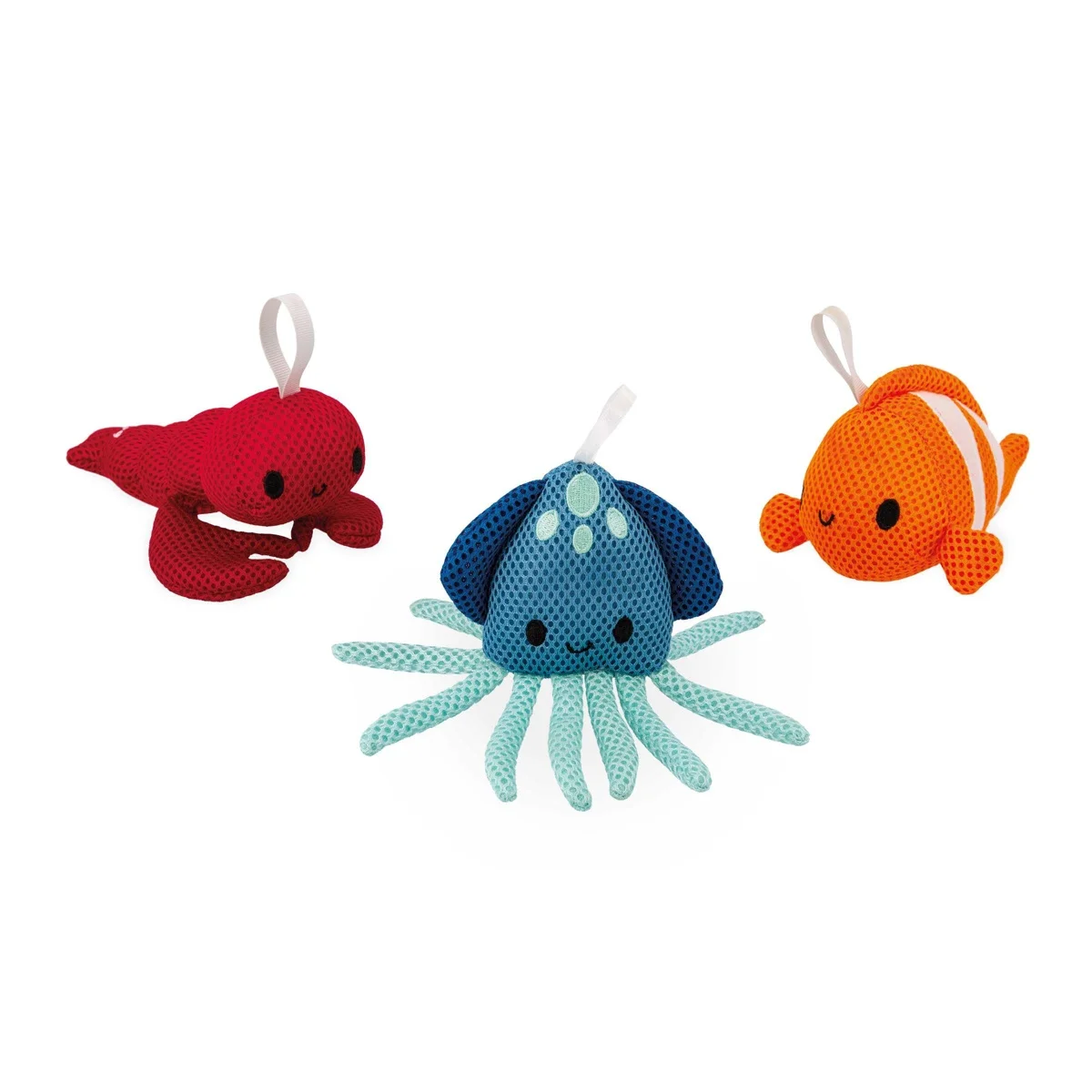 Set de 3 éponges de bain en tissu rouge homard, bleue pieuvre, orange poisson clown