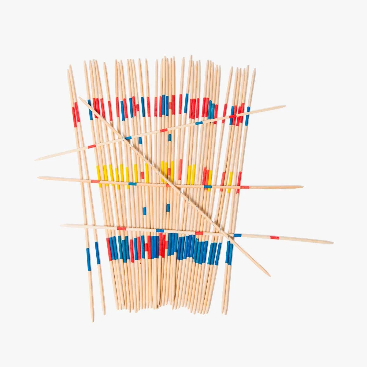 Mikado géant en bois naturel avec bandes rouges, bleu et jaune, jeu d'adresse Moulin Roty.