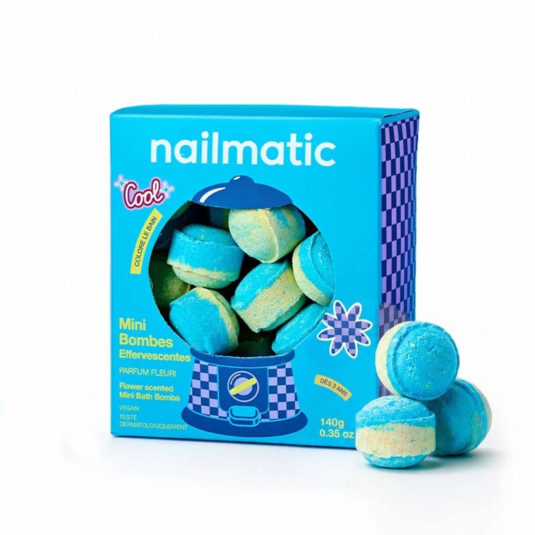 Mini bombes de bain effervescentes bleues et jaunes Flower Power Nailmatic.