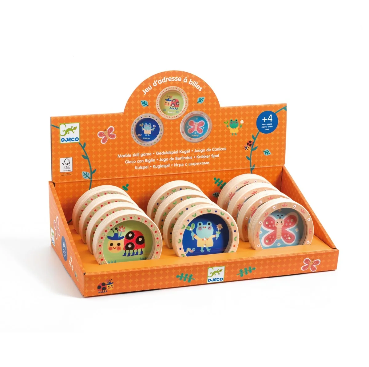 Boîte orange avec mini jeux adresse à billes Djeco, motifs animaux colorés
