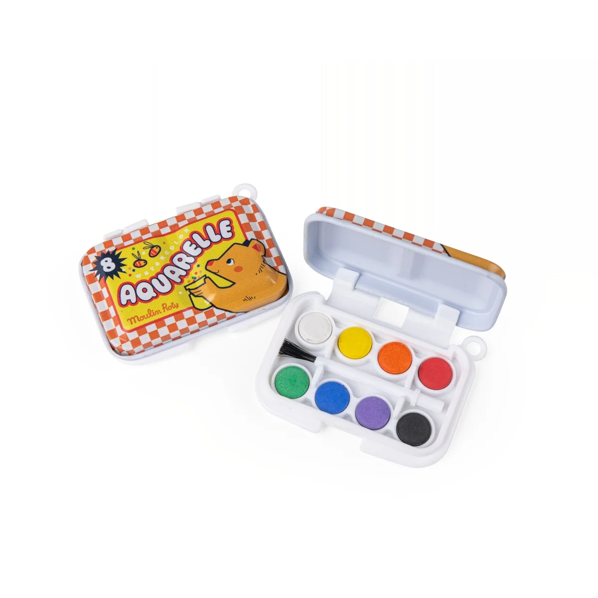 Mini palette aquarelle Moulin Roty avec 8 couleurs vives et pinceau inclus