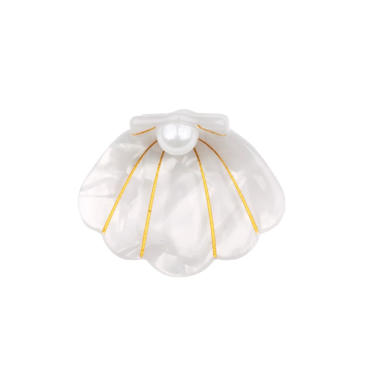 Mini pince à cheveux Coquille St Jacques blanche nacrée avec lignes dorées et perle artificielle.