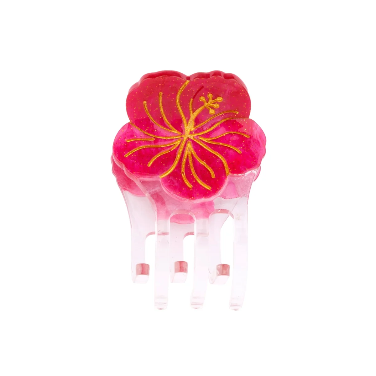 Mini pince à cheveux hibiscus translucide rose fuchsia et rouge avec motifs dorés