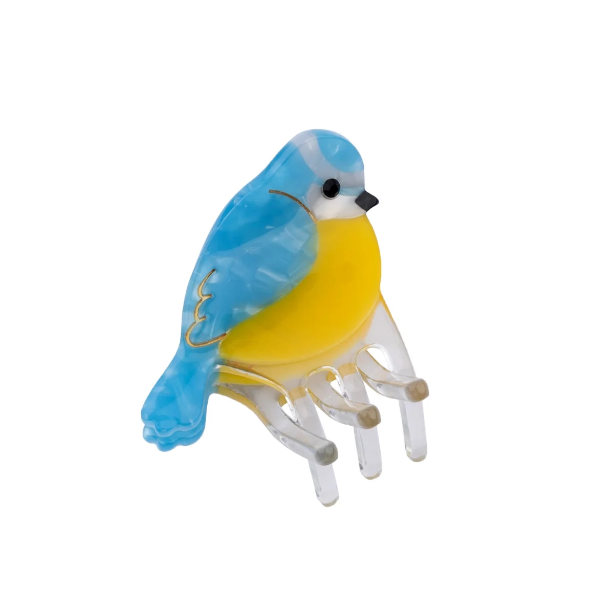Mini pince à cheveux Mésange en plastique bleu et jaune avec griffes transparentes.