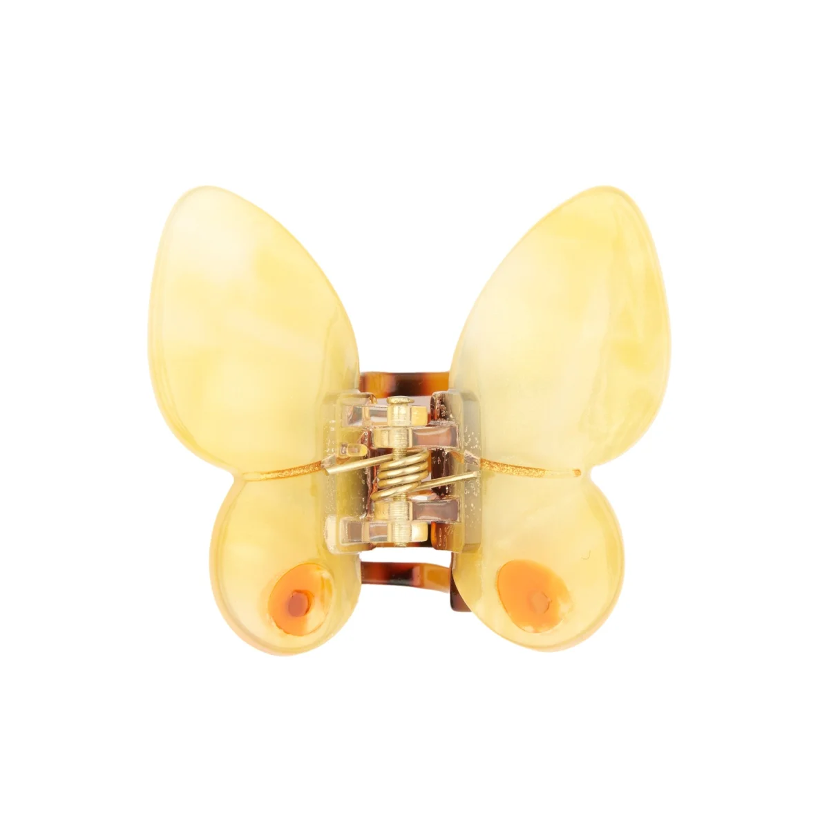 Mini pince à cheveux plastique translucide jaune en forme de papillon, ressort visible