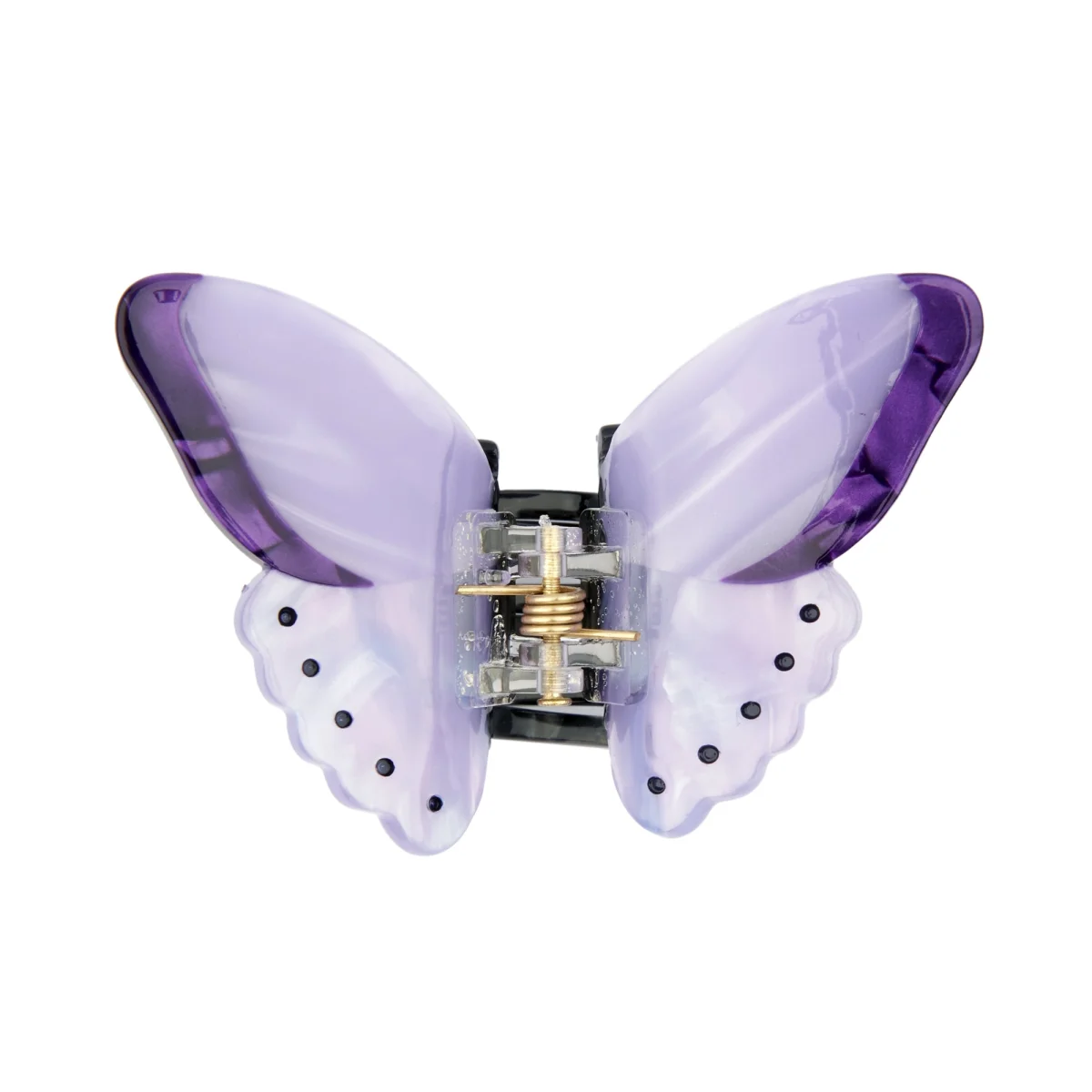 Mini pince à cheveux en plastique mauve translucide forme papillon avec mécanisme métallique visible