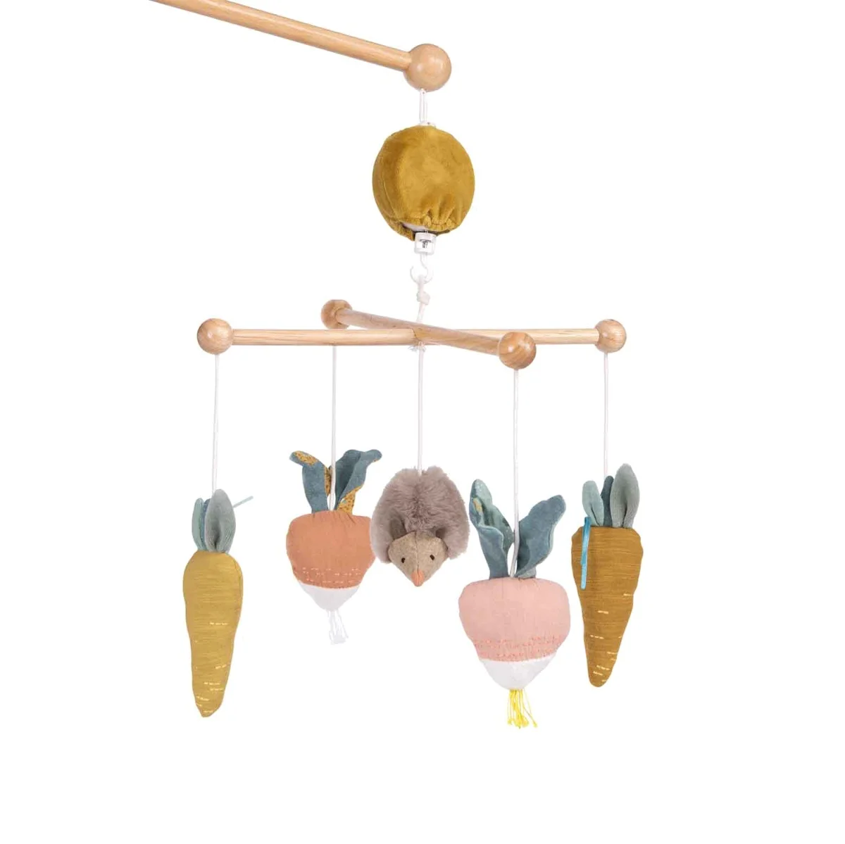 Mobile musical croisillon en bois avec peluches lapin, carottes et radis suspendus