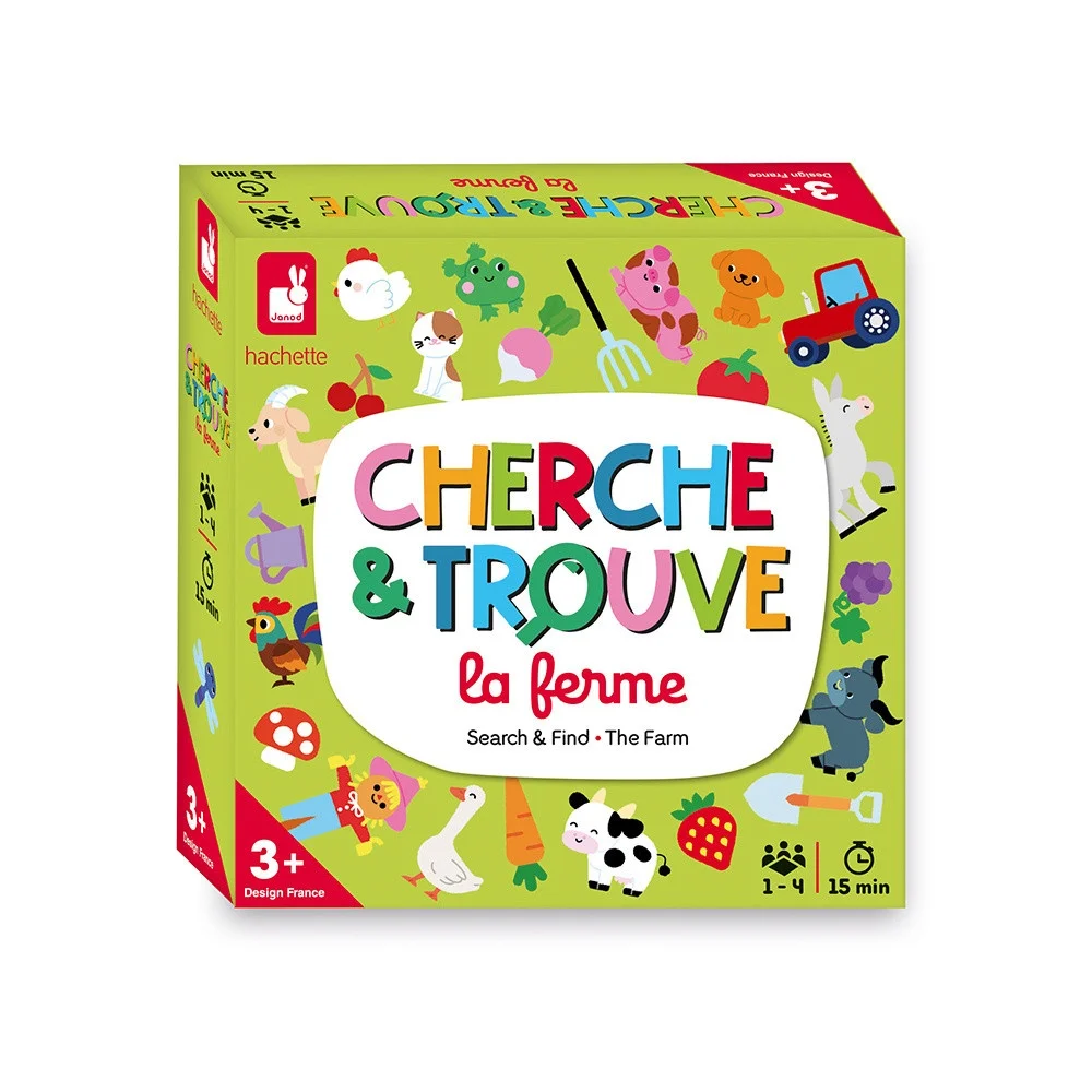 Boîte jeu Cherche & Trouve La Ferme Janod, illustrations d'animaux et objets colorés.