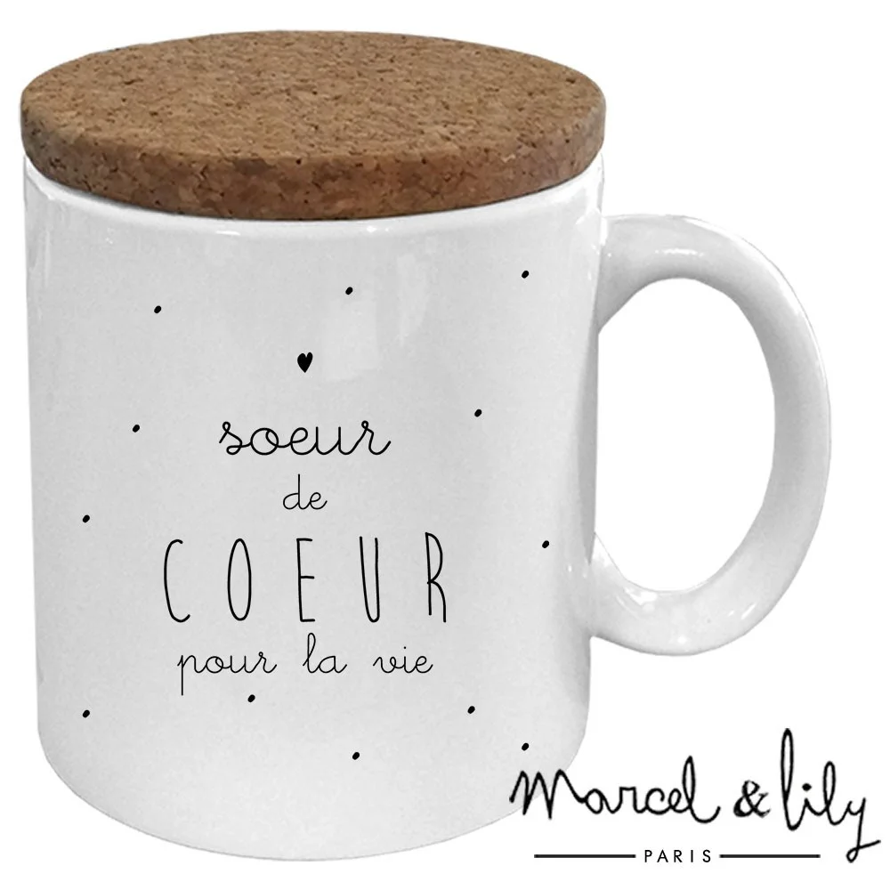Mug céramique blanc avec couvercle liège et inscription "Sœur de cœur pour la vie