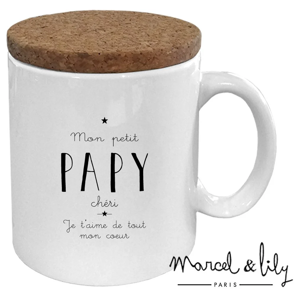 Mug blanc avec couvercle liège et inscription noire "Mon petit papy chéri" Marcel et Lily