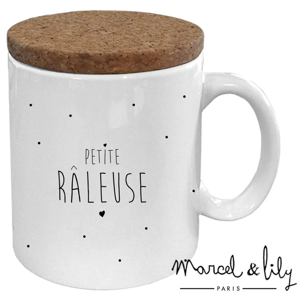 Mug blanc « Petite râleuse » avec petits pois noirs et couvercle liège Marcel et Lily