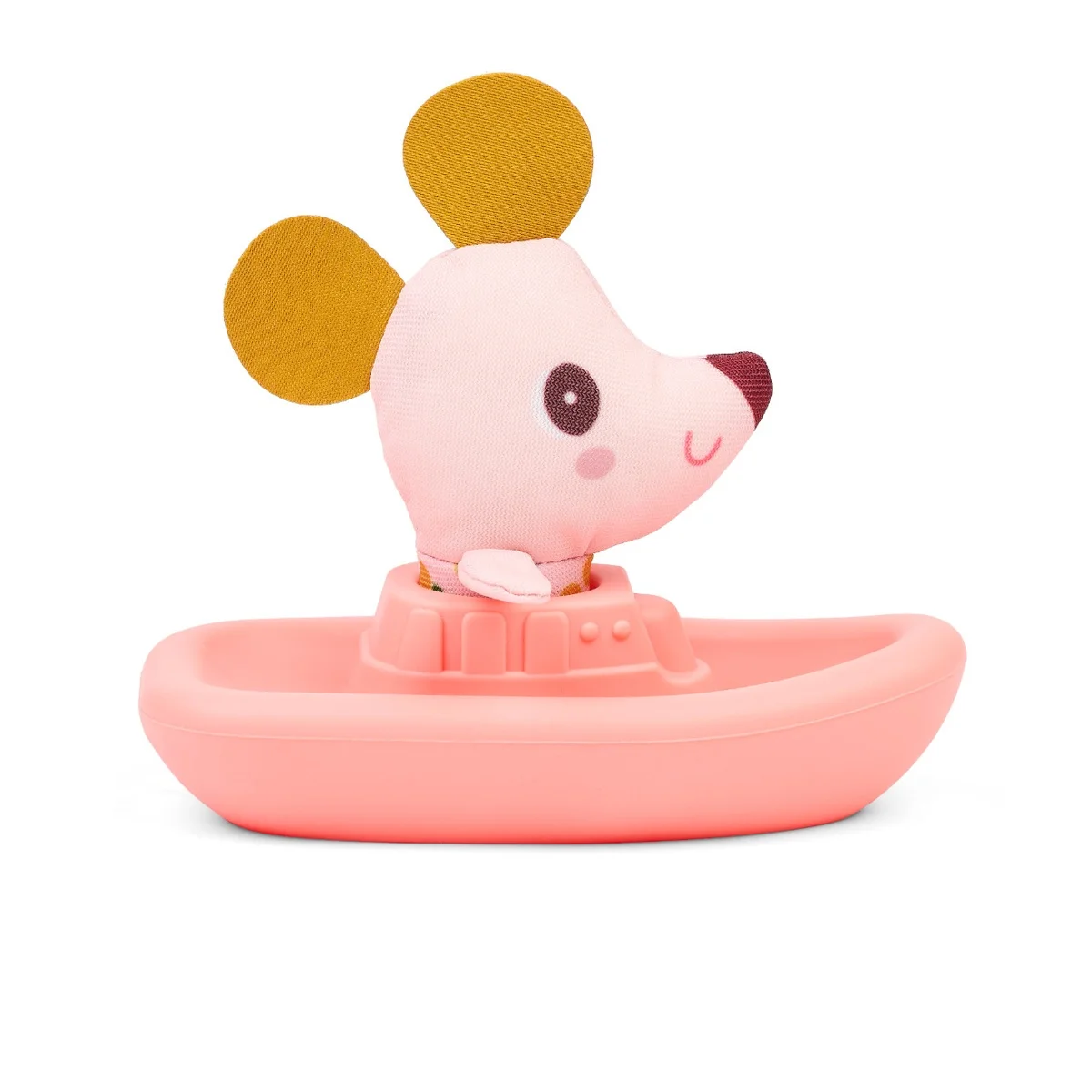 Nina la souris rose en tissu sur bateau flottant en plastique rose pâle.