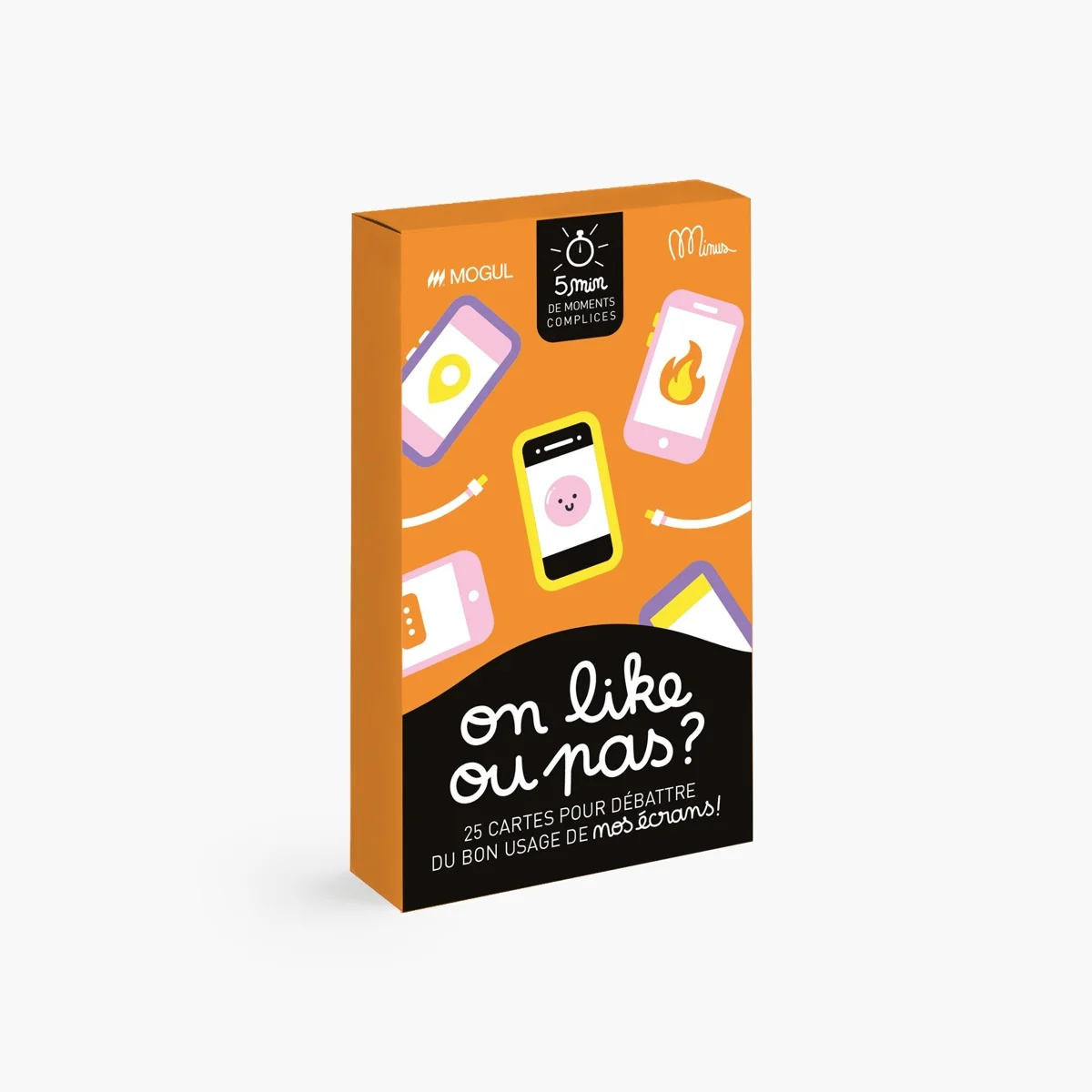 Boîte orange jeu "On like ou pas ?" avec dessins de smartphones colorés et texte blanc.