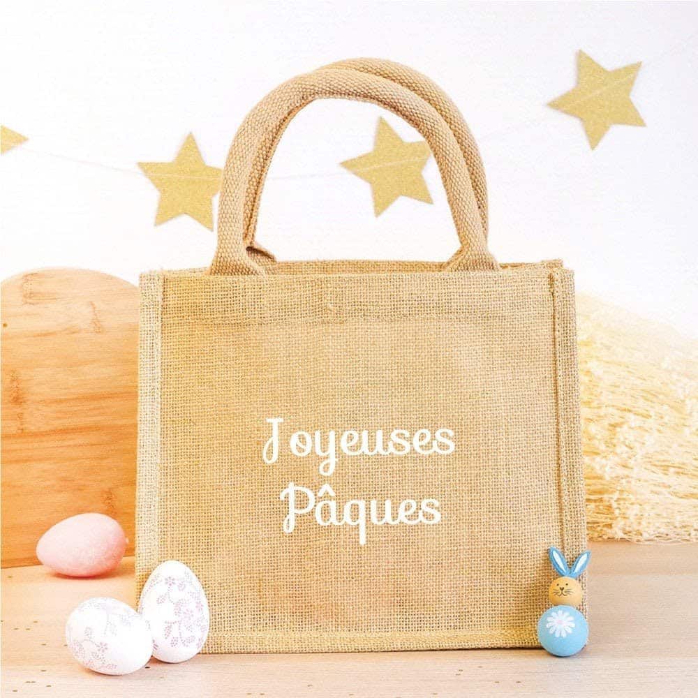 Panier enfant en jute Joyeuses Pâques brodé - Ourson câlin