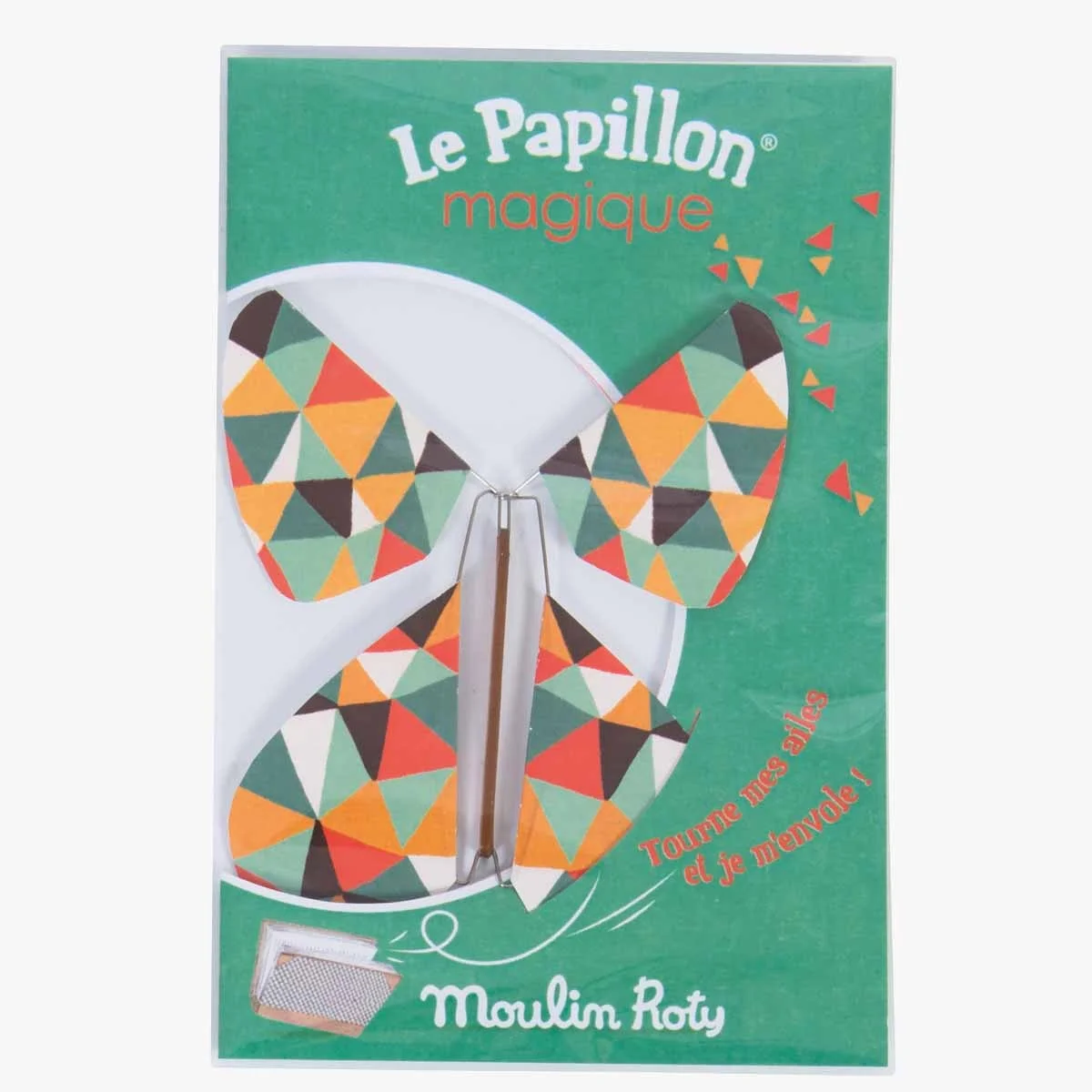 Papillon kaléidoscope aux ailes triangulaires colorées orange, vert, noir, blanc, rouge Moulin Roty