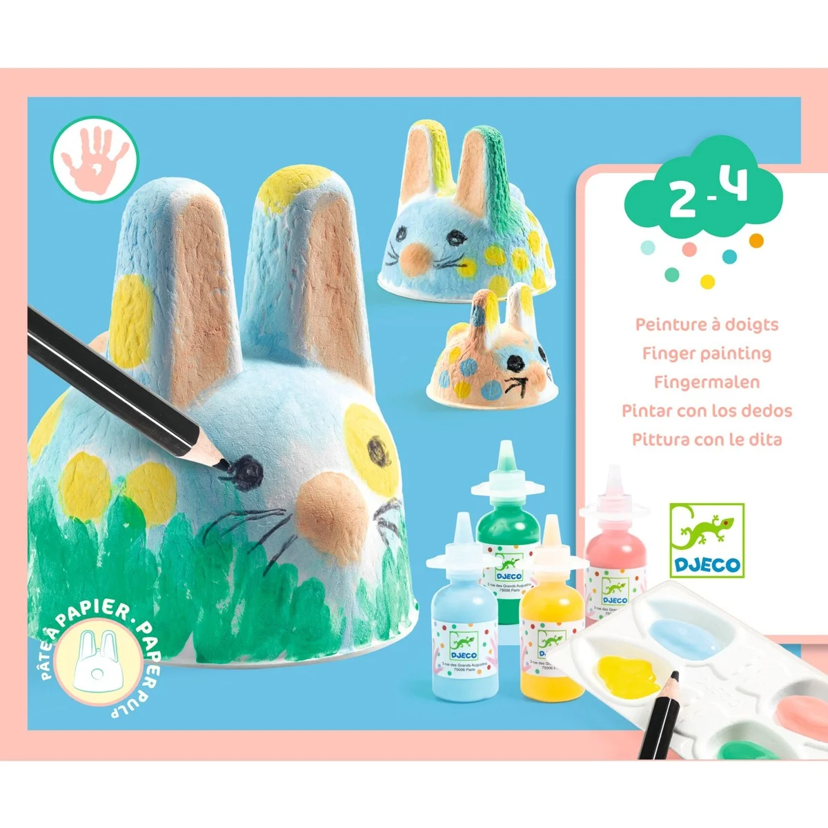 Peinture à doigts Trio de lapinous Djeco, lapins en papier à peindre avec couleurs jaune, vert, bleu