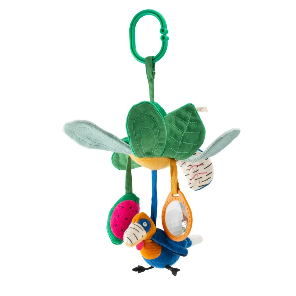 Fleur d'activités suspendue verte avec feuilles, miroir, fruit et oiseau bleu Moulin Roty