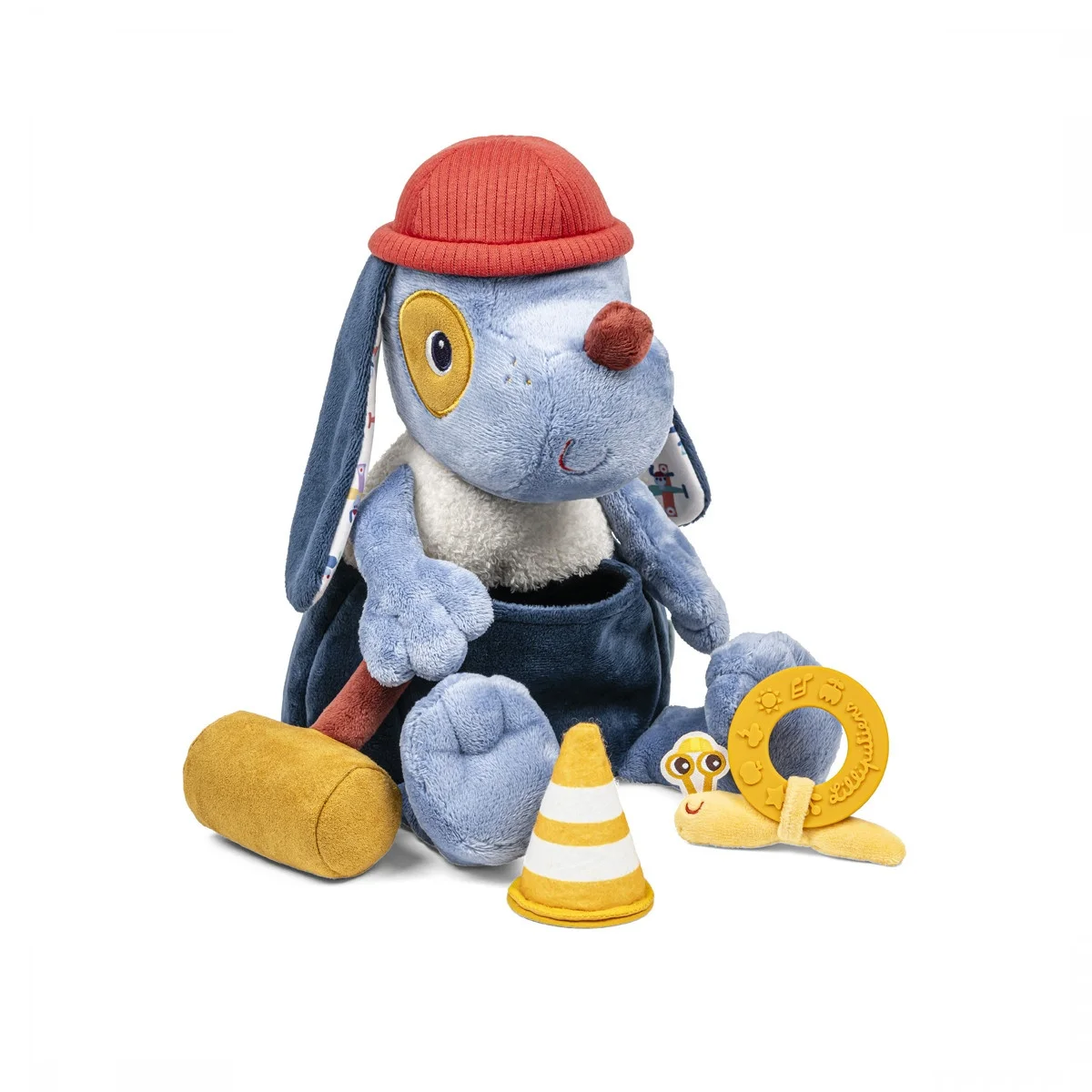 Peluche Jules le chien bricoleur bleu avec casquette rouge et accessoires jaunes