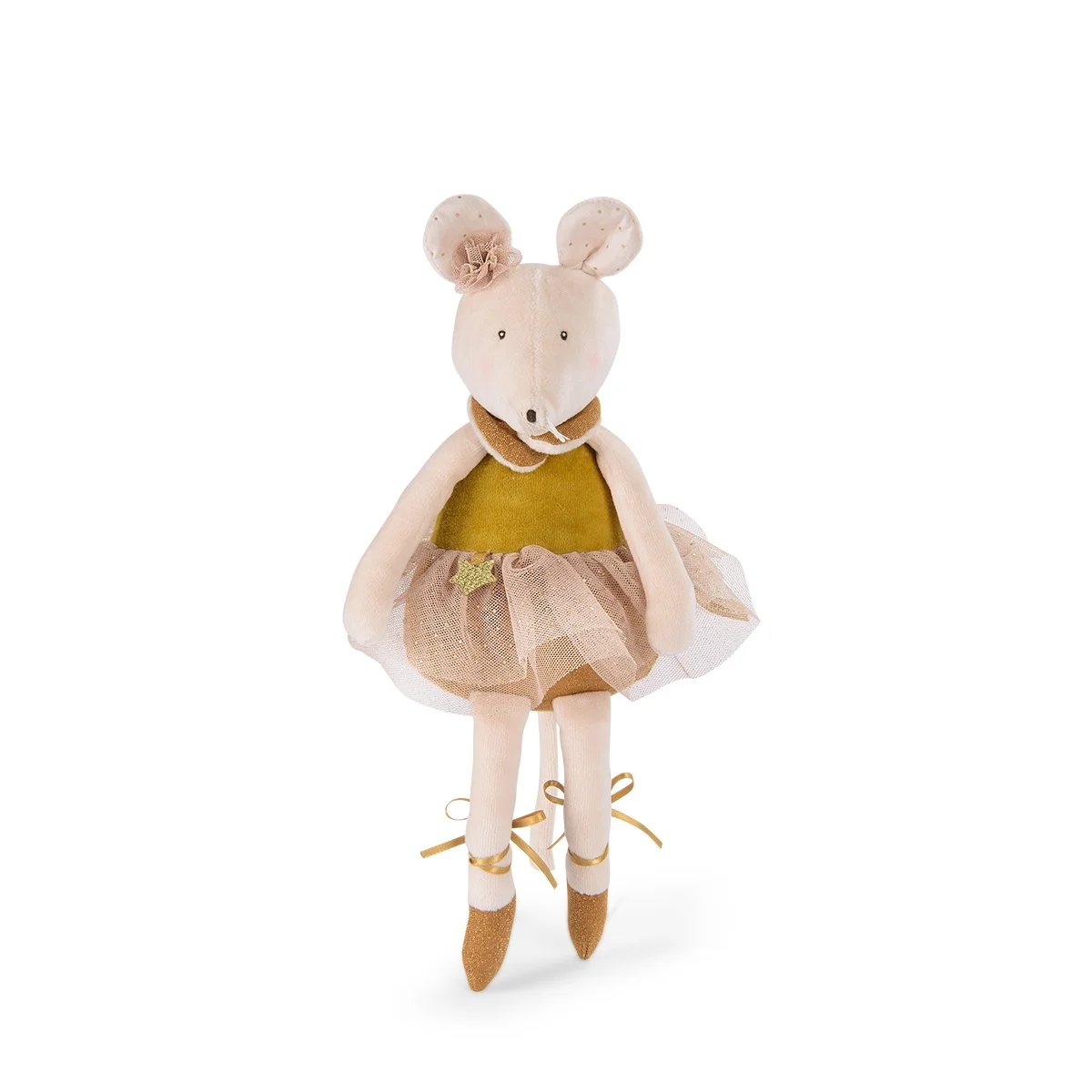 Peluche souris danseuse beige et kaki avec jupon tulle pailleté Moulin Roty
