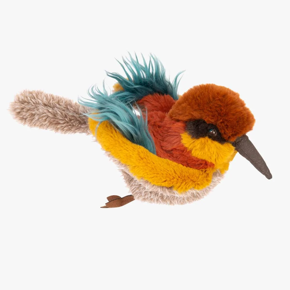 Peluche oiseau guêpier multicolore avec plumes bleues, jaunes et marron, Moulin Roty.