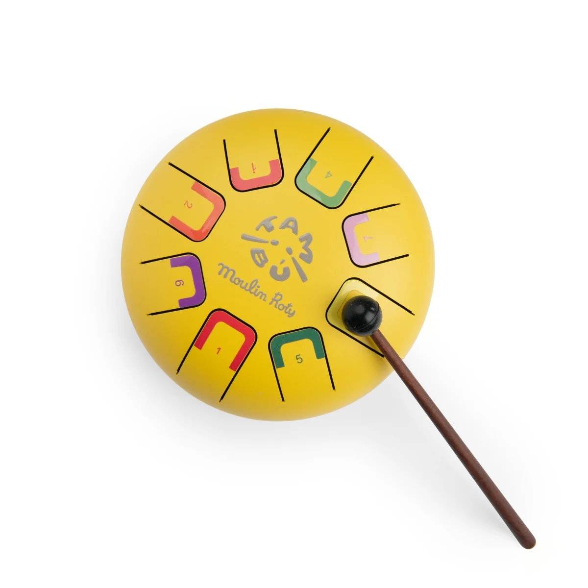 Petit tambour à languettes jaune Les Popipop avec maillet noir et manche bois