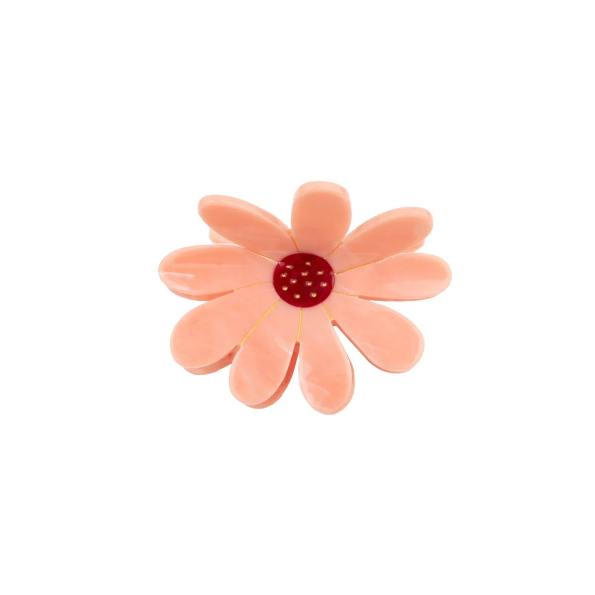 Pince à cheveux forme fleur rose clair avec cœur rouge et détails dorés Coucou Suzette.