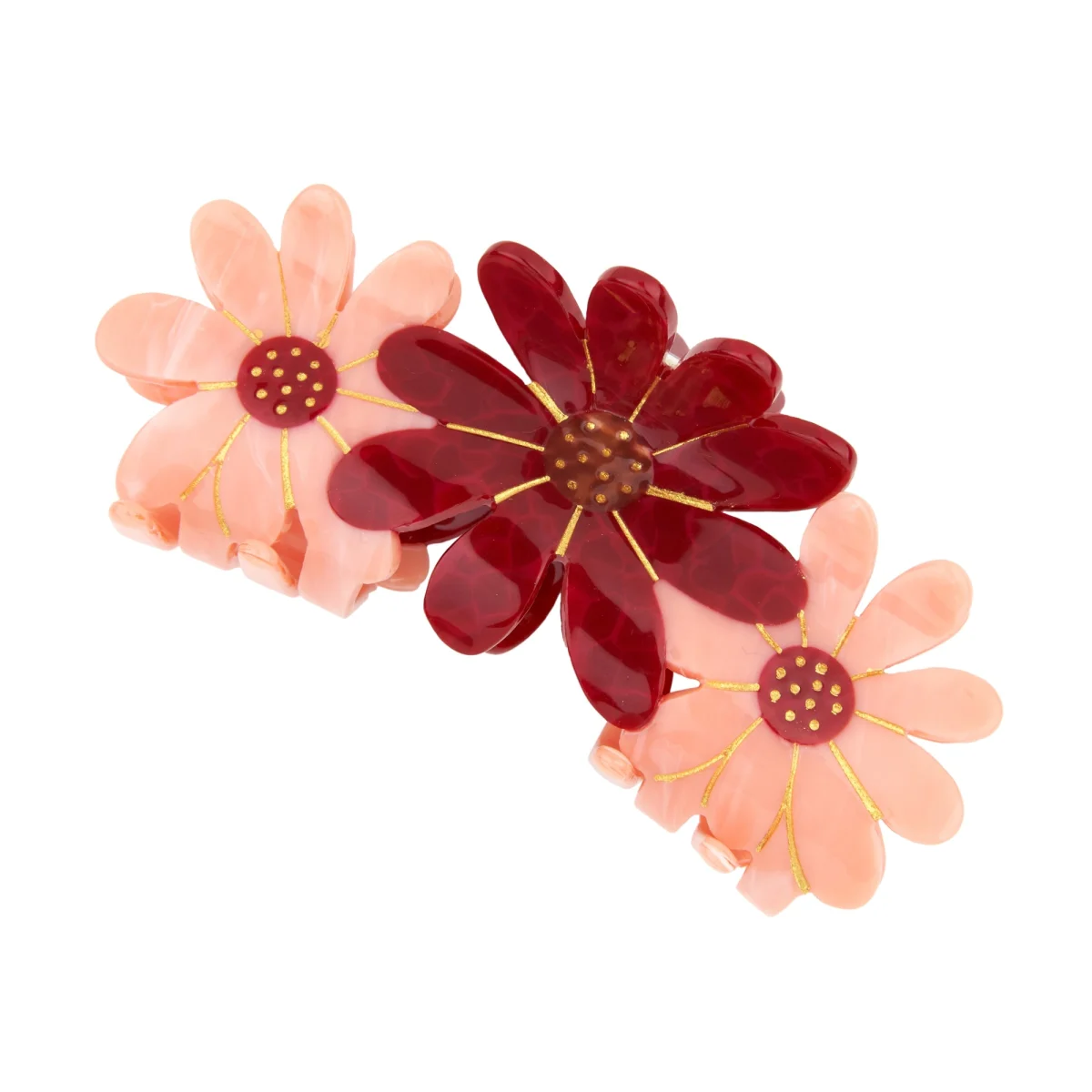 Pince à cheveux trio fleurs roses en plastique translucide rouge et rose avec détails dorés