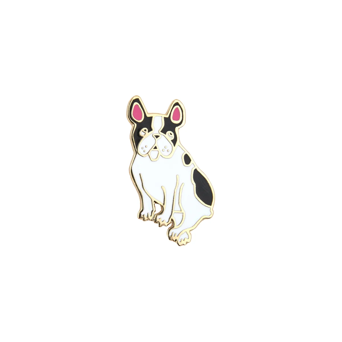 Pin's Bouledogue blanc et noir aux oreilles roses, contours dorés, style dessin animé.