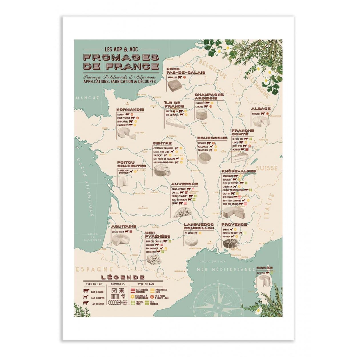 Poster 30 x 40 Carte des fromages de France - Wall Editions