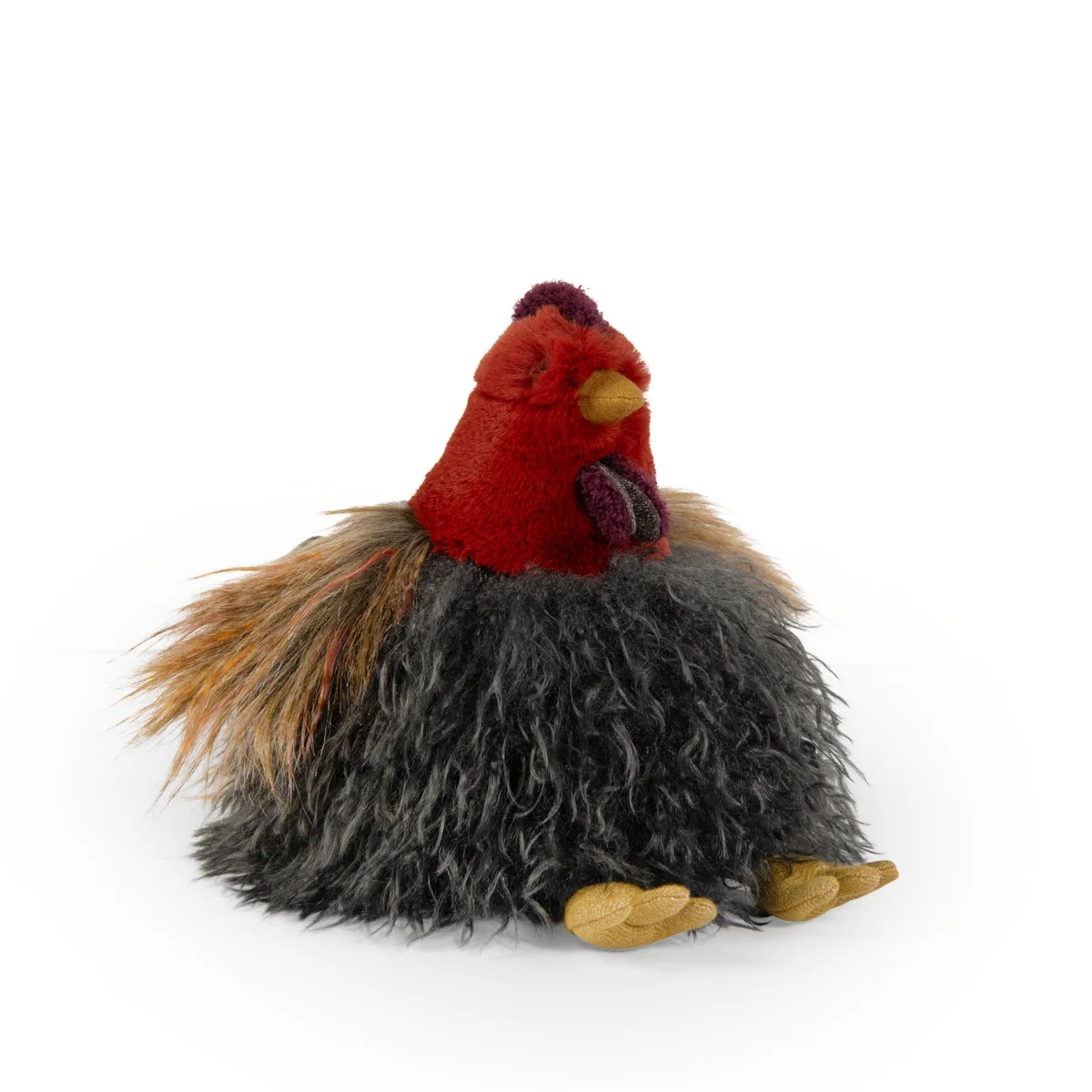 Peluche poule Moulin Roty couleurs rouge, noir, plumes marron, pattes jaunes