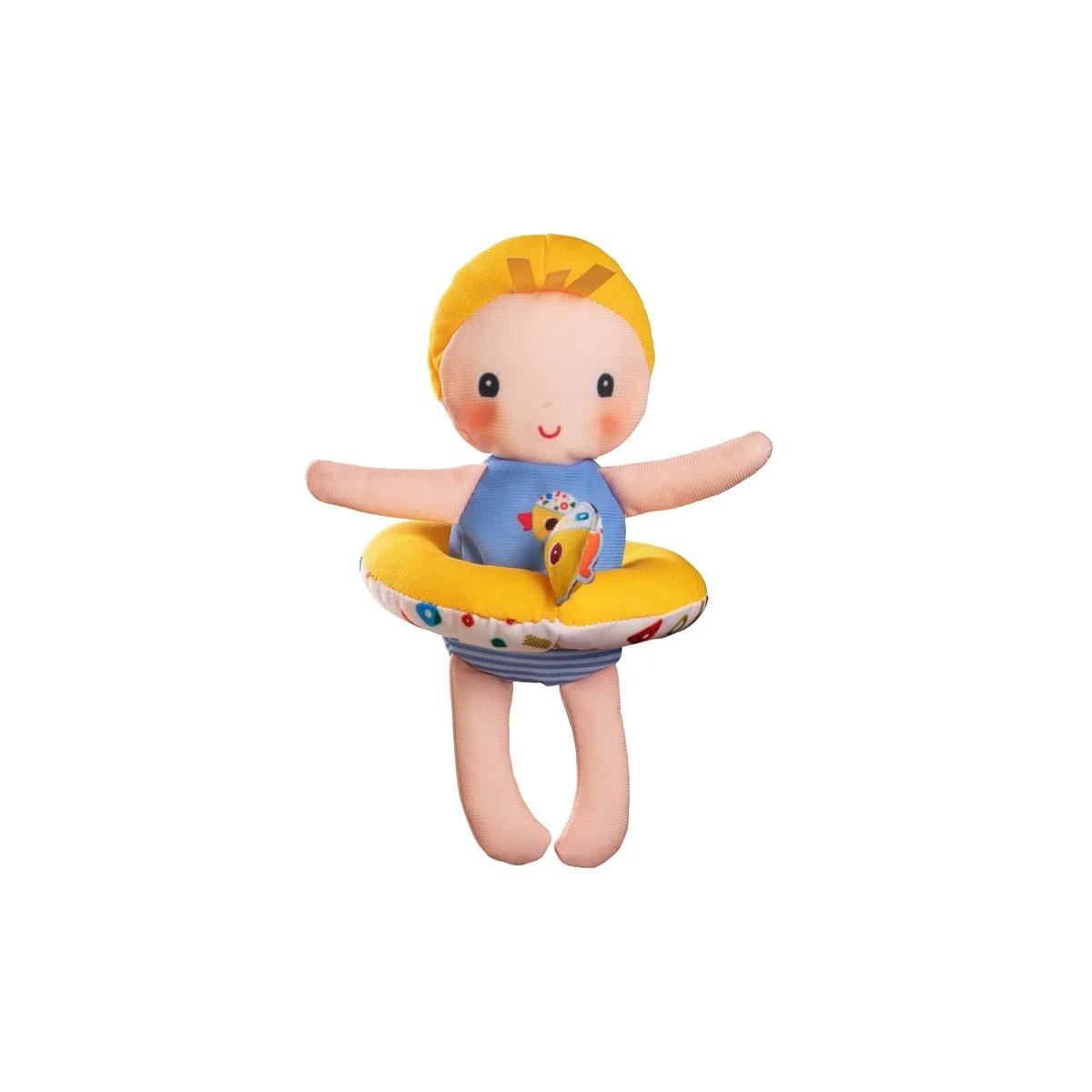 Poupée de bain Gaspard avec bouée canard jaune et combinaison bleue