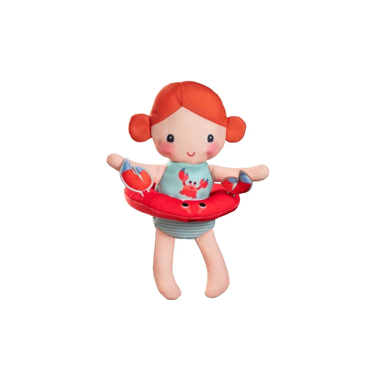 Poupée de bain Axelle Lilliputiens, cheveux roux, bouée crabe rouge et bleu, corps tissu.