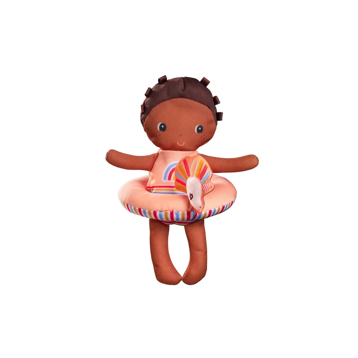 Poupée de bain Lena Lilliputiens peau foncée avec bouée licorne rose et arc-en-ciel.