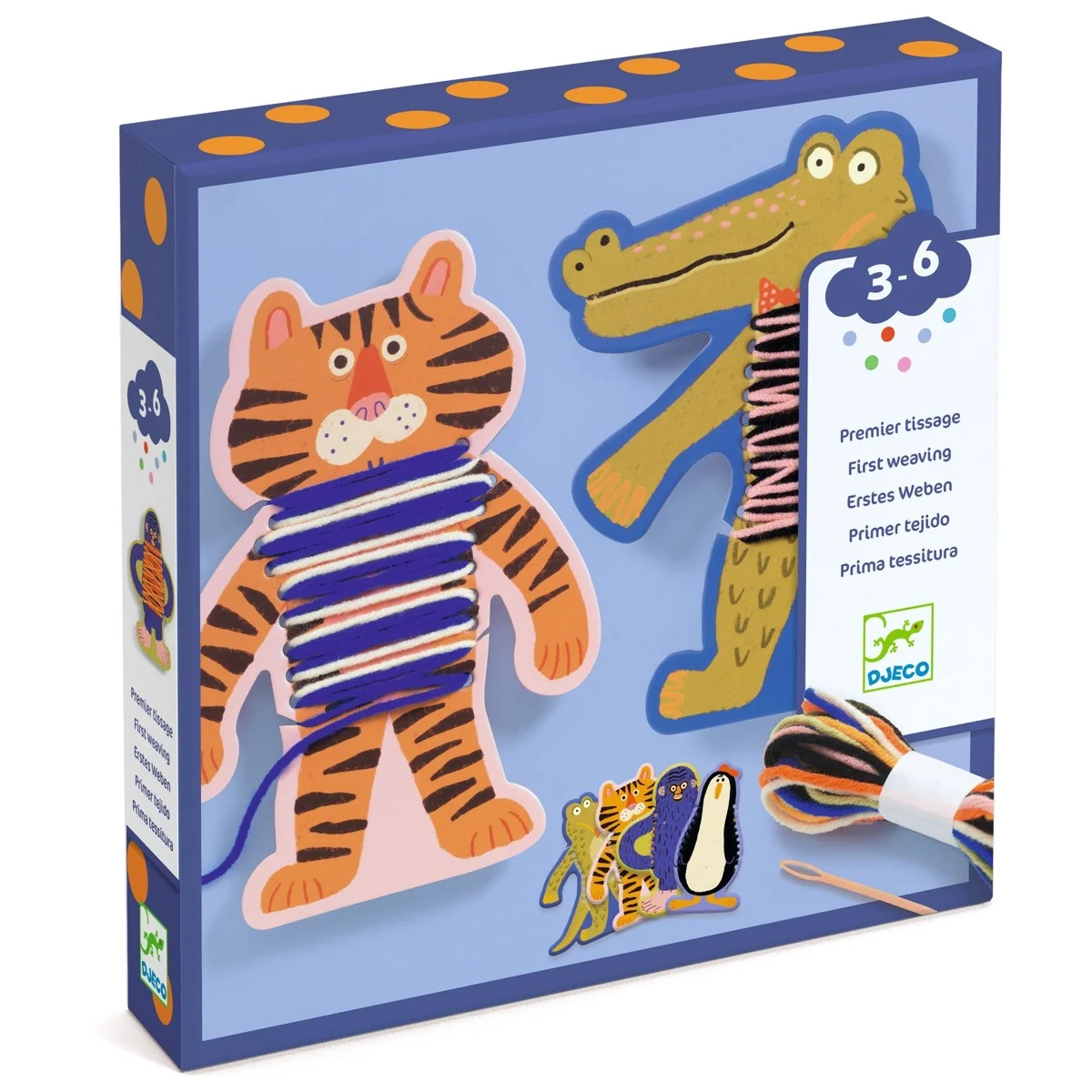 Boîte jeu Premier tissage Les pulls des animaux Djeco avec tigre et crocodile en fil coloré.