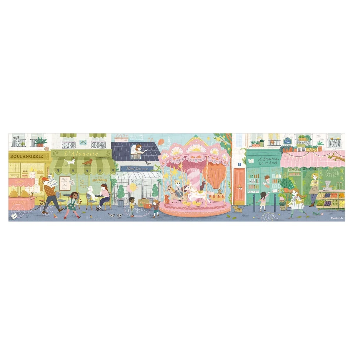 Scène de rue parisienne colorée avec manège rose, commerces et personnages, puzzle 350 pièces