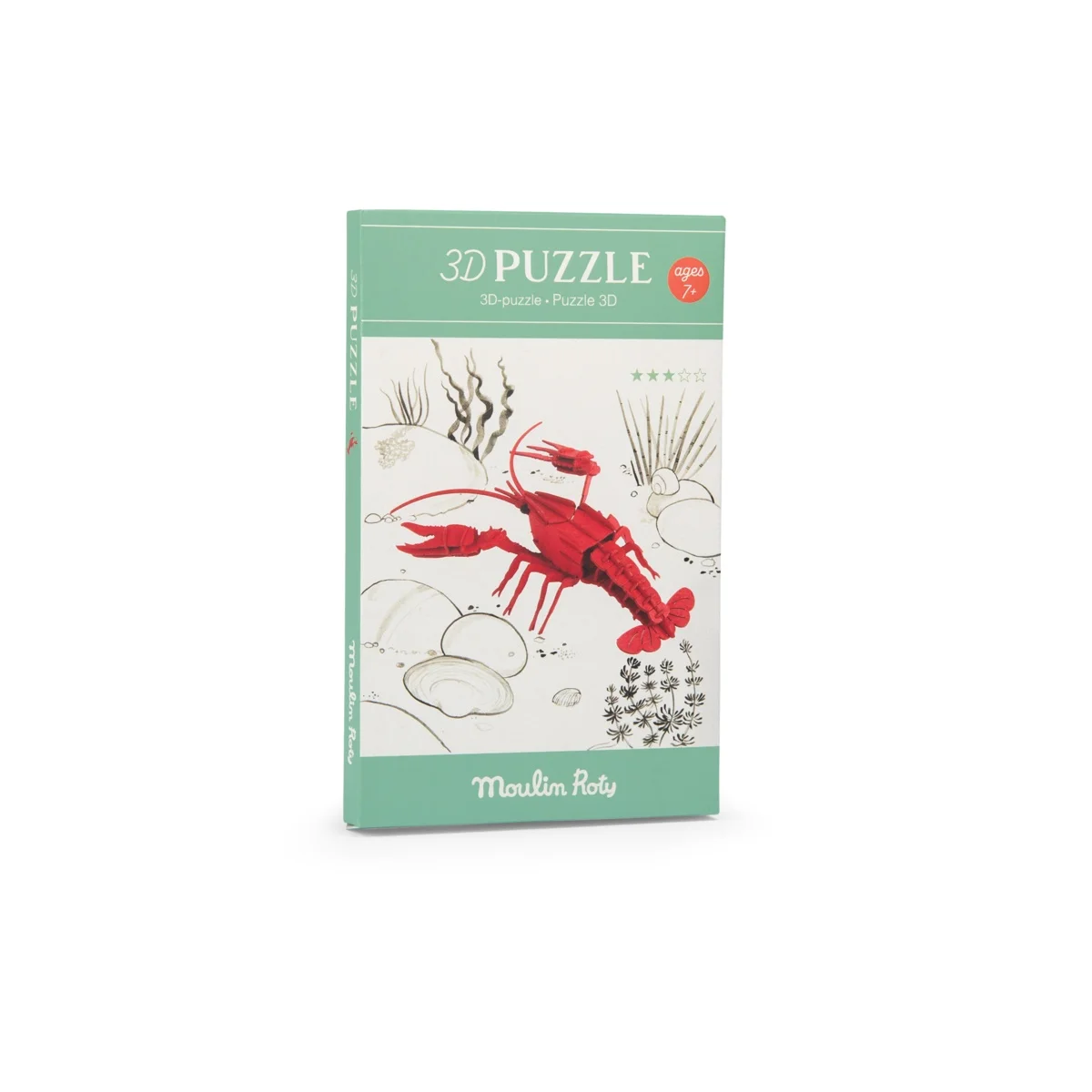 Boîte puzzle 3D Écrevisse rouge Moulin Roty avec dessin coquillages marins.